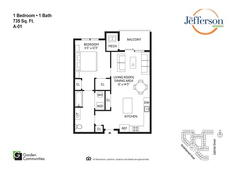 Floor plan for 1 bed, 1 bath, 735 sqft